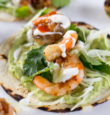 Grilled Shrimp Tacos with Creamy Avocado and Green Chile Sauce