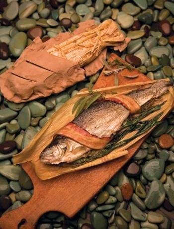 Trout with Fresh Herbs Wrapped in Corn Husks and Baked in Clay