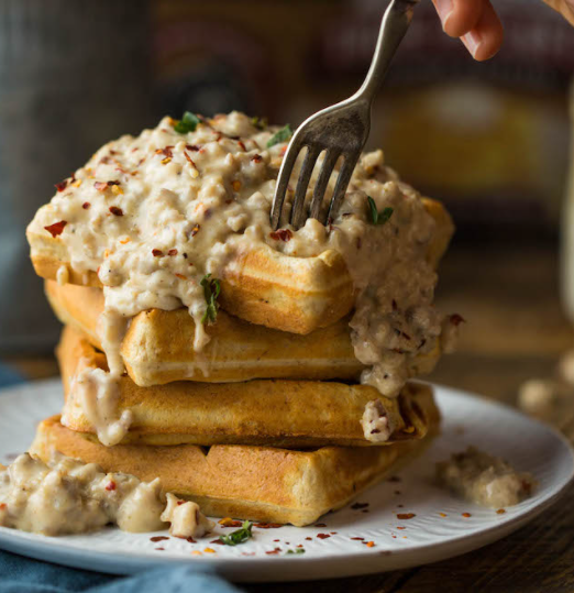Savory Cornmeal Waffles with Green Chile and Sausage Gravy