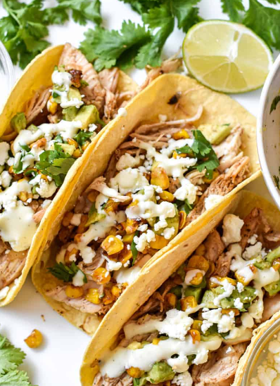 Chicken and Street Corn Tacos wth Salsa Rojo