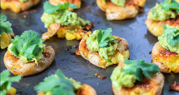 Smashed Potatoes with Green Chile Guacamole