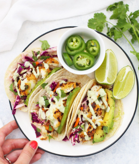 Fish Tacos with Creamy Green Chile Sauce