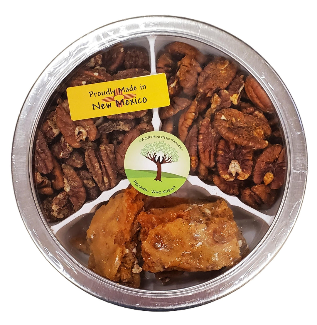 Worthington Farms flavored pecan gift tin/ red and green chile