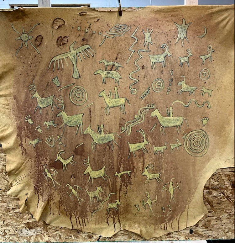 Monty Claw Light Elk Hide with Petroglyphs SOLD